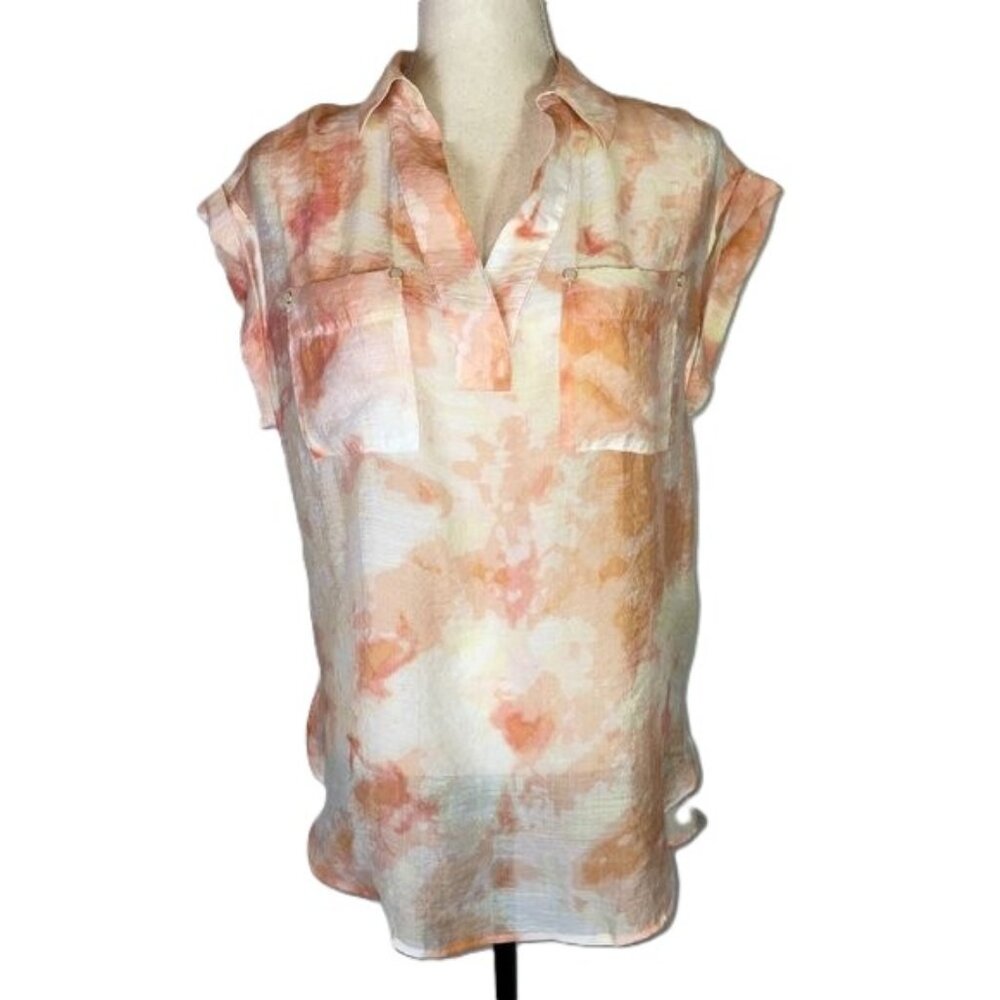 Jones New York Flowy Tunic Blouse Tie Dye Coral White Short Cap Sleeves Size S